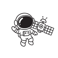 Simple cute astronaut floating design with a satellite, displayed in black and white with solid outline, neat minimal style, ideal for space illustrations.