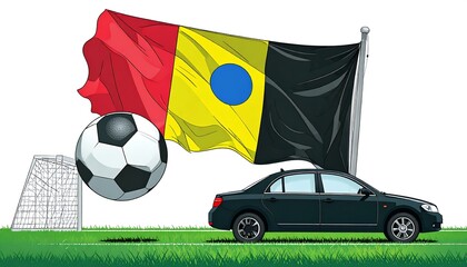 Car carrying flag/soccer ball/field