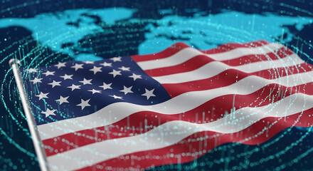 Dynamic USA Flag Overlaid on Global Map, Symbolizing Unity and Freedom in a Digitized World with Modern Connectivity and International Representation