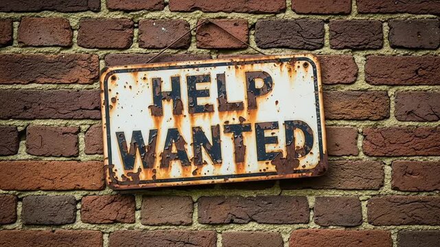 Vintage 'Help Wanted' sign hanging on a rustic brick wall.