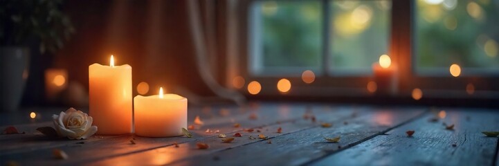 Soft, ethereal glow of candles illuminating a serene space, creating a spiritual and calming atmosphere Perfect for meditation, yoga, or mindfulness imagery , faith, soft