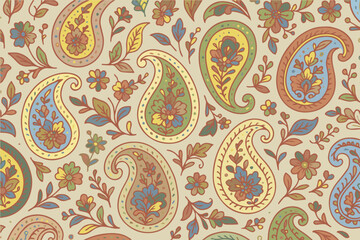 A seamless paisley pattern vector, designed with warm color palette, offering elegant ornamental style, suitable for fabrics, interior decoration, and stylish graphic layouts.