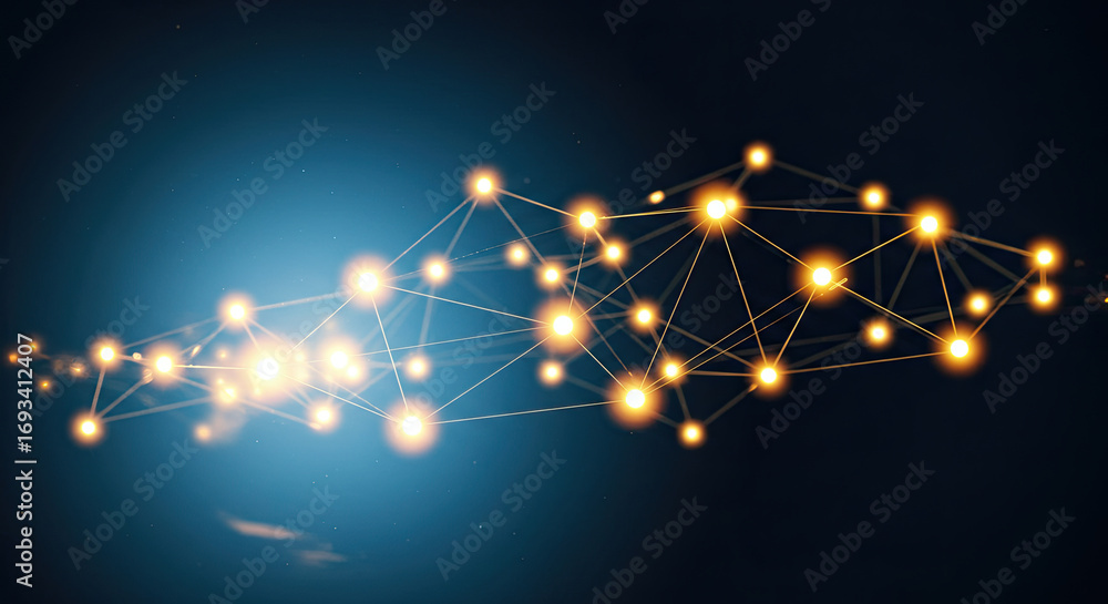 Aufkleber abstract connected network of glowing golden nodes on blue gradient background