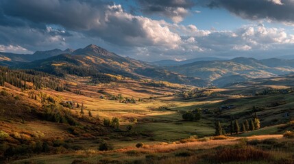 Fototapeta premium Panoramic view of the colorful valley landscape and mountain under the cloudy sky