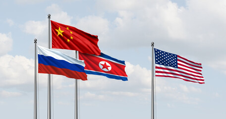 China Russia North Korea Versus The USA as diplomatic flag symbols for trade partnerships and geopolitical cooperation as a summit meeting concept between Moscow  Beijing and Pyongyang as a Bloc or al