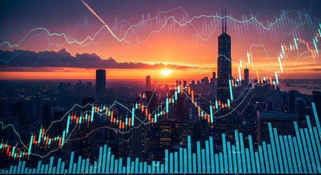 Stunning Sunset Over City Skyline With Financial Graph Analytics Representing Stock Market Trends And Investment Opportunities In Business