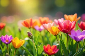 Obraz premium Close-up of vibrant spring wildflowers blooming in a lush meadow, sunlight illuminating delicate petals and fresh green leaves Perfect for nature, springtime, and floral themes , serenity, meadow