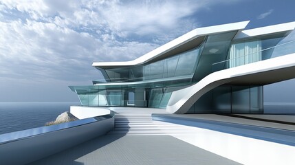 Fototapeta premium Modern architectural marvel, overlooking the ocean with glass walls, white curves, and serene cloudy skies