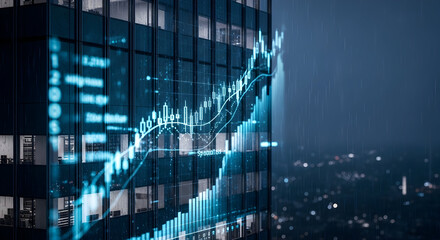 Dynamic Graph Overlay on Skyscraper Windows Reflecting Financial Analysis and Market Growth Trends in Urban Cityscape at Night