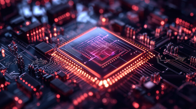 Close-up of high-tech electronic chip with precision circuit board and glowing components, futuristic tech design material for technology promotion and electronic engineering