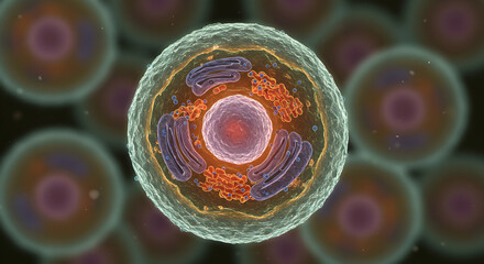 Detailed Illustration of Cell Structure with Mitochondria and Nucleus Showcasing Intricate Organelles and Microbiological Processes for Scientific