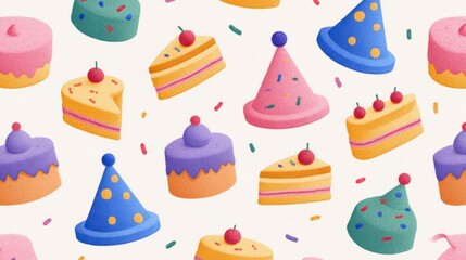 Colorful Dessert Pattern with Cakes, Party Hats, and Sprinkles for Celebratory Events and Designs, Perfect for Festive Decorations and Invitations