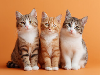 Three cats staring at viewer, orange background