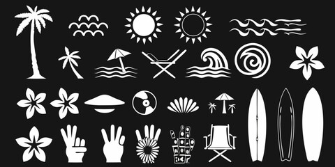 Collection of white summer beach and tropical vacation icons on a black background