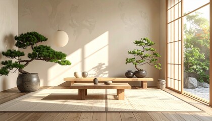 Japandi interior with bonsai, tatami mat, wooden low furniture, and neutral tones. Minimalist zen living room mockup background, realistic and calm atmosphere in high detail.