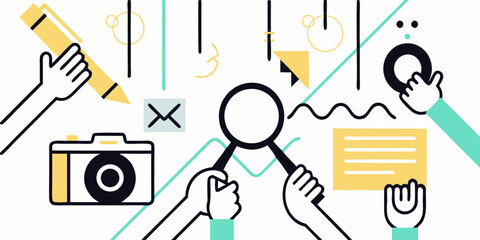 Creative brainstorming and research process with hands holding writing tools and magnifying glass