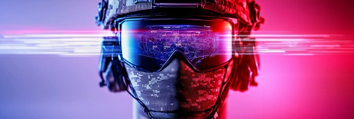 Medium close up of drone swarm operator wearing military headset, digital holographic swarm map visible.