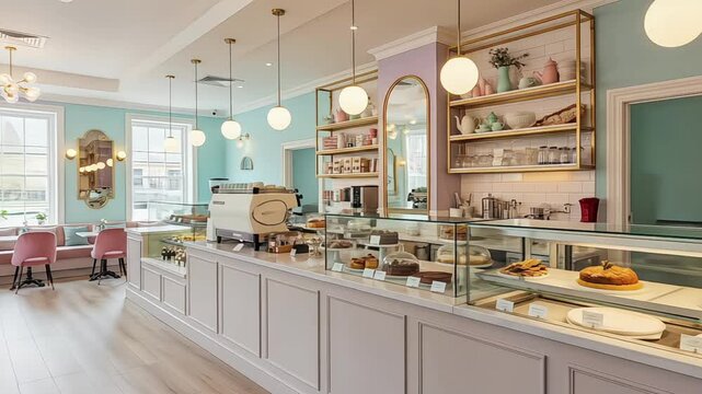 Stylish bakery interior showcasing a variety of desserts and pastries.