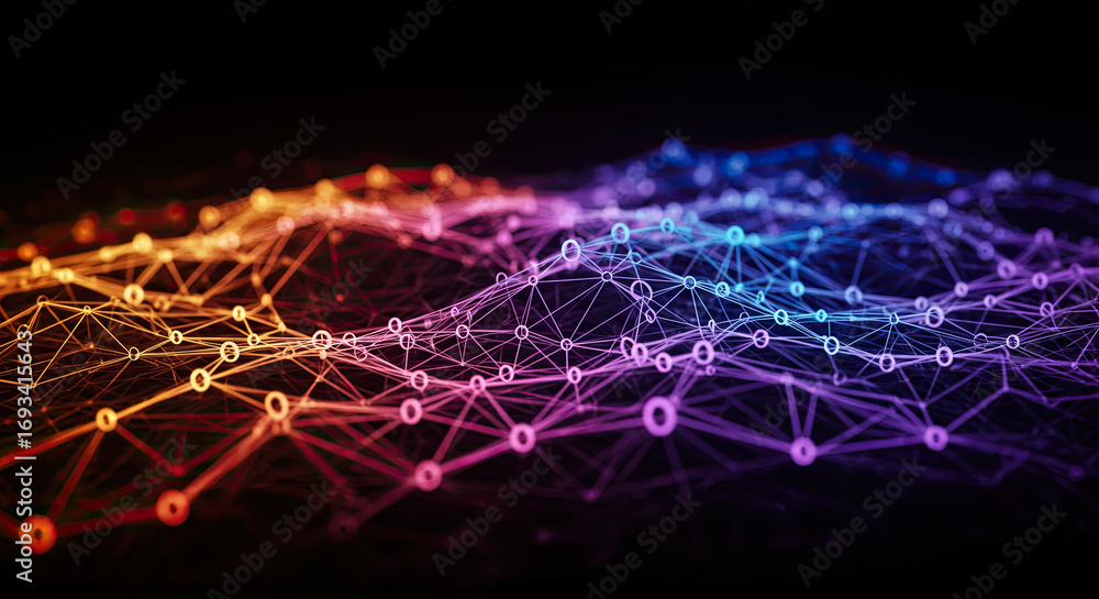 Poster abstract network colorful connected nodes on transparent background