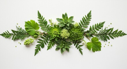 Fototapeta premium Green Foliage and Succulent Flat Lay Arrangement