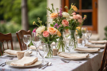 Beautiful Table Set for Dinner with Flowers. 3d rendering.