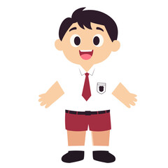 Cartoon boy wearing white shirt and red shorts, standing with arms out. Great for education, character design, or children’s media.