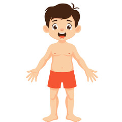 Cartoon child with short brown hair and red shorts, standing with arms out. Great for education or character design.