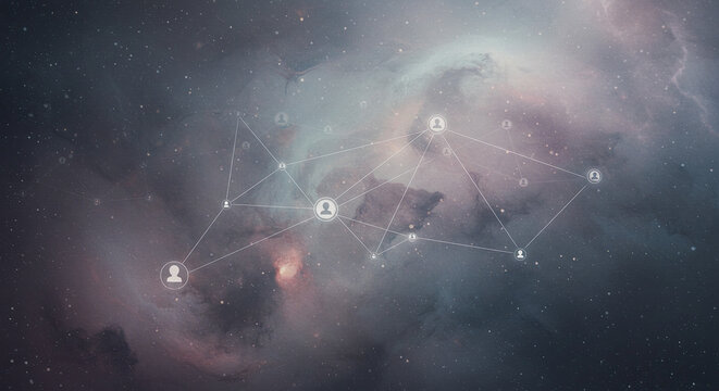 Abstract Network Connecting White User Icons on Cosmic Background