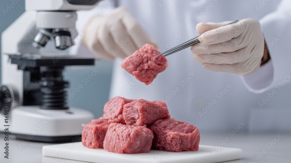Poster lab technician examining raw meat sample under microscope with tweezers in modern laboratory setting