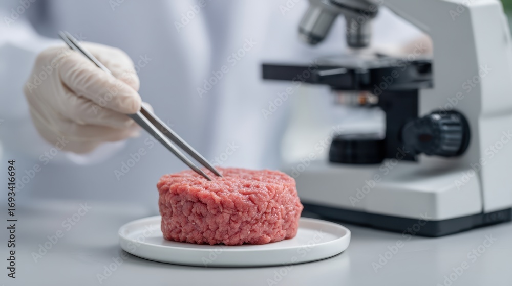 Poster Scientist Analyzing Raw Ground Meat Sample Under Microscope in Laboratory for Safety and Quality Testing