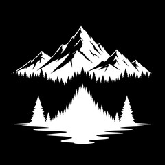 Fototapeta premium Vector art of stylized graphic illustration of a mountain range with pine trees reflected in water, set against a