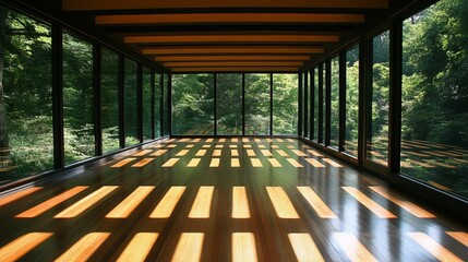 Long modern room with large windows, light-filled wooden floors and ceiling. Lush green forest surrounds