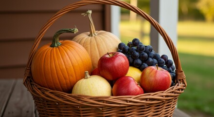 Autumn Harvest Basket with Pumpkins Apples and Grapes