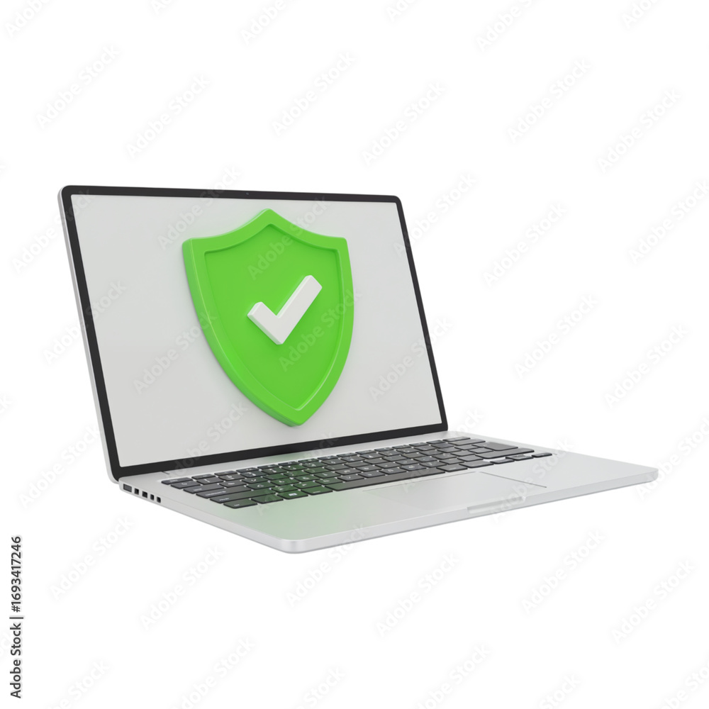 Poster modern laptop screen displays green shield icon with checkmark symbol for cybersecurity and data pro