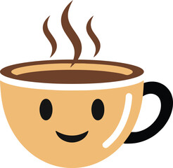 A pixel art illustration of a smiling coffee cup with steam rising from it.