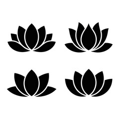 Elegant Lotus Flower Line Art Set:  Four Minimalist Designs, Black Background, Spa Wellness Theme.