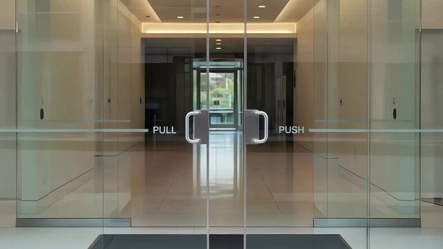 A modern glass entrance with push and pull door signage.