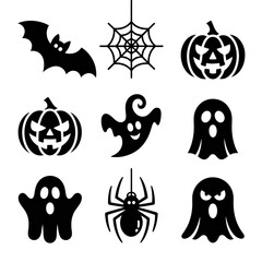 Spooky Halloween Icons:  Cute Cartoon Bats, Pumpkins, Spiders, and Ghosts.