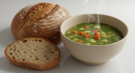 Steaming Vegetable Soup with Crusty Loaf of Bread