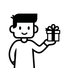 Vector art of a simple, stylized black and white illustration of a smiling person holding a small gift box with a ribbon, isolated on a