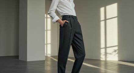 Woman in White Shirt and Dark Grey Pleated Pants in Minimalist Studio