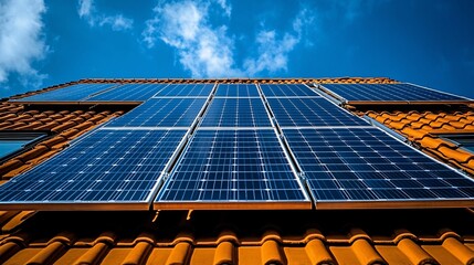 Blue Solar Panels On Orange Tile Roof Under A Bright Sky Under Clear Sky And Clouds Or No Clouds At All. A Low Angle Shot Of A Building With Solar Panels. A Sun Day Time Outdoor View.  A Residential