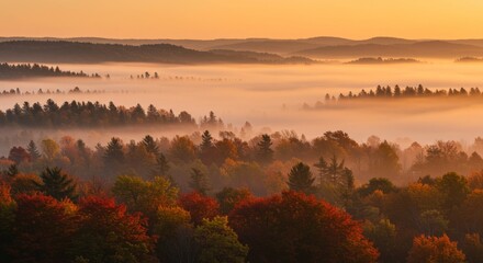 Autumn Forest Sunrise with Fog and Misty Hills
