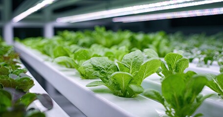 Rows of vibrant green leafy greens growing in a controlled environment