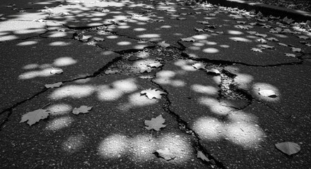 Cracked Asphalt Road Surface in Black and White