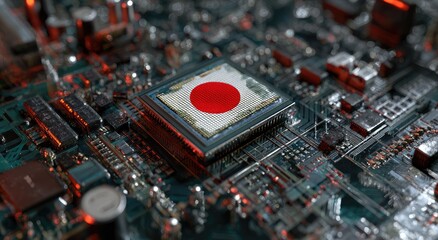 Close-up of circuit board with Japanese flag on CPU