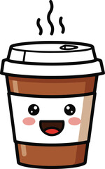 A cheerful pixel art illustration of a disposable coffee cup with a happy face, emitting steam, suitable for cafe branding, websites, or app design.
