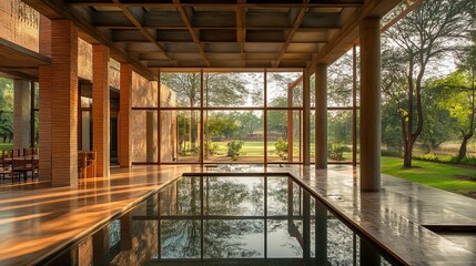 Fototapeta premium Modern building's interior with a reflecting pool, large windows, and natural light, merging indoor/outdoor