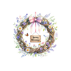 spring home decorations , wreath with flowers and butterflies