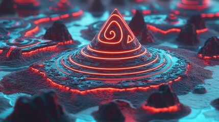 Abstract digital artwork depicting a futuristic landscape with glowing geometric structures